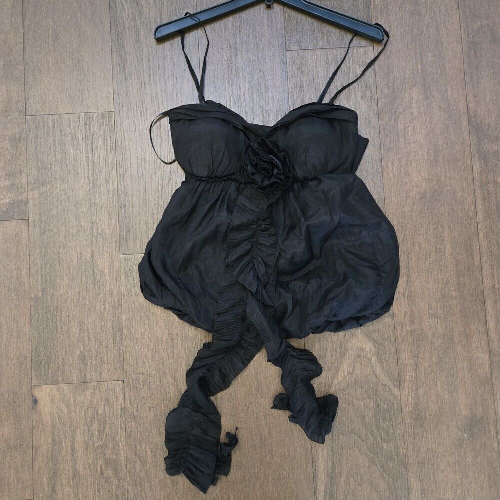 Ermanno Scervino Black Silk Cami Flower Ruffled Top Sash Size M 44 10